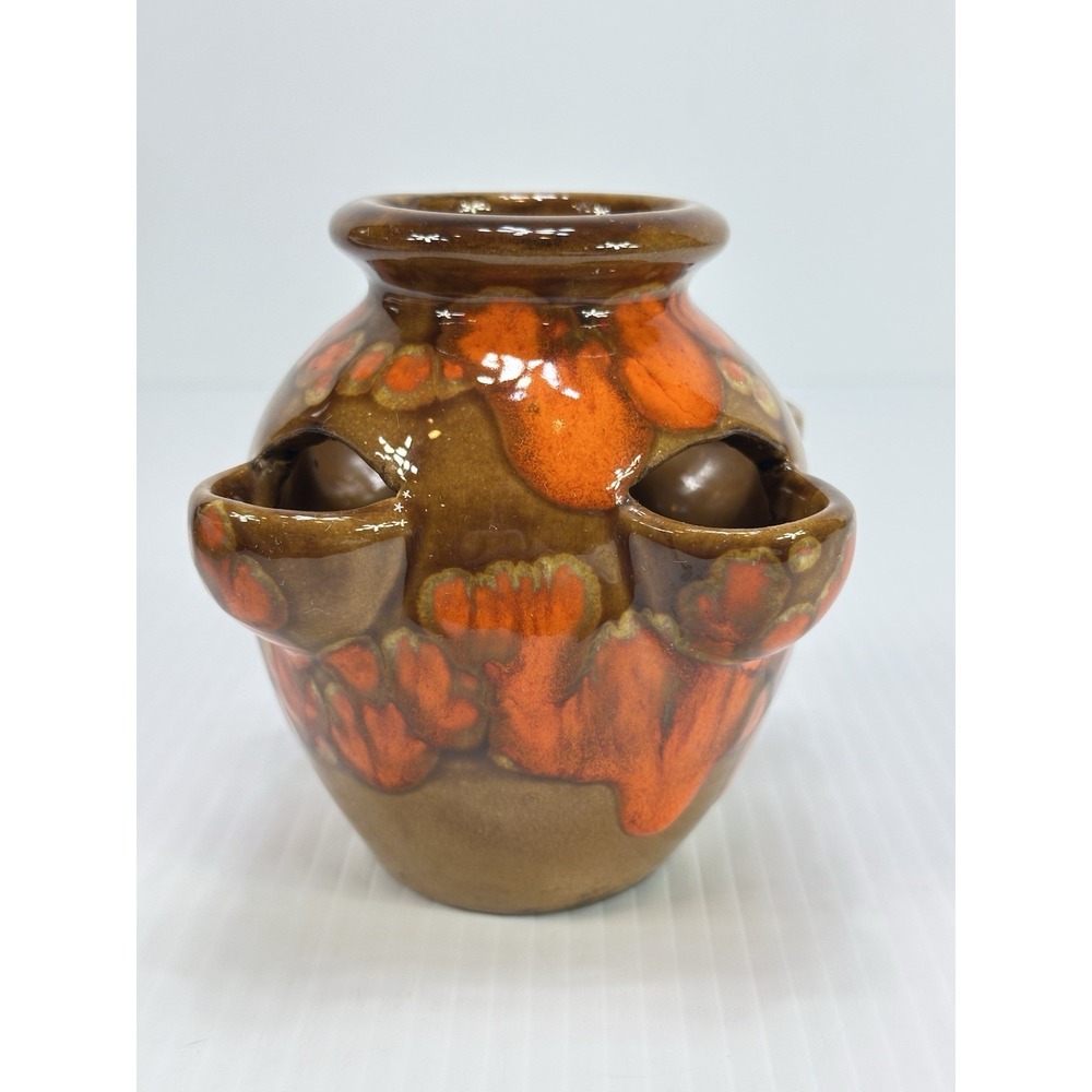 VTG Bar Harbor Maine Drip Glazed Pottery Orange Brown‎ Strawberry Planter Vase